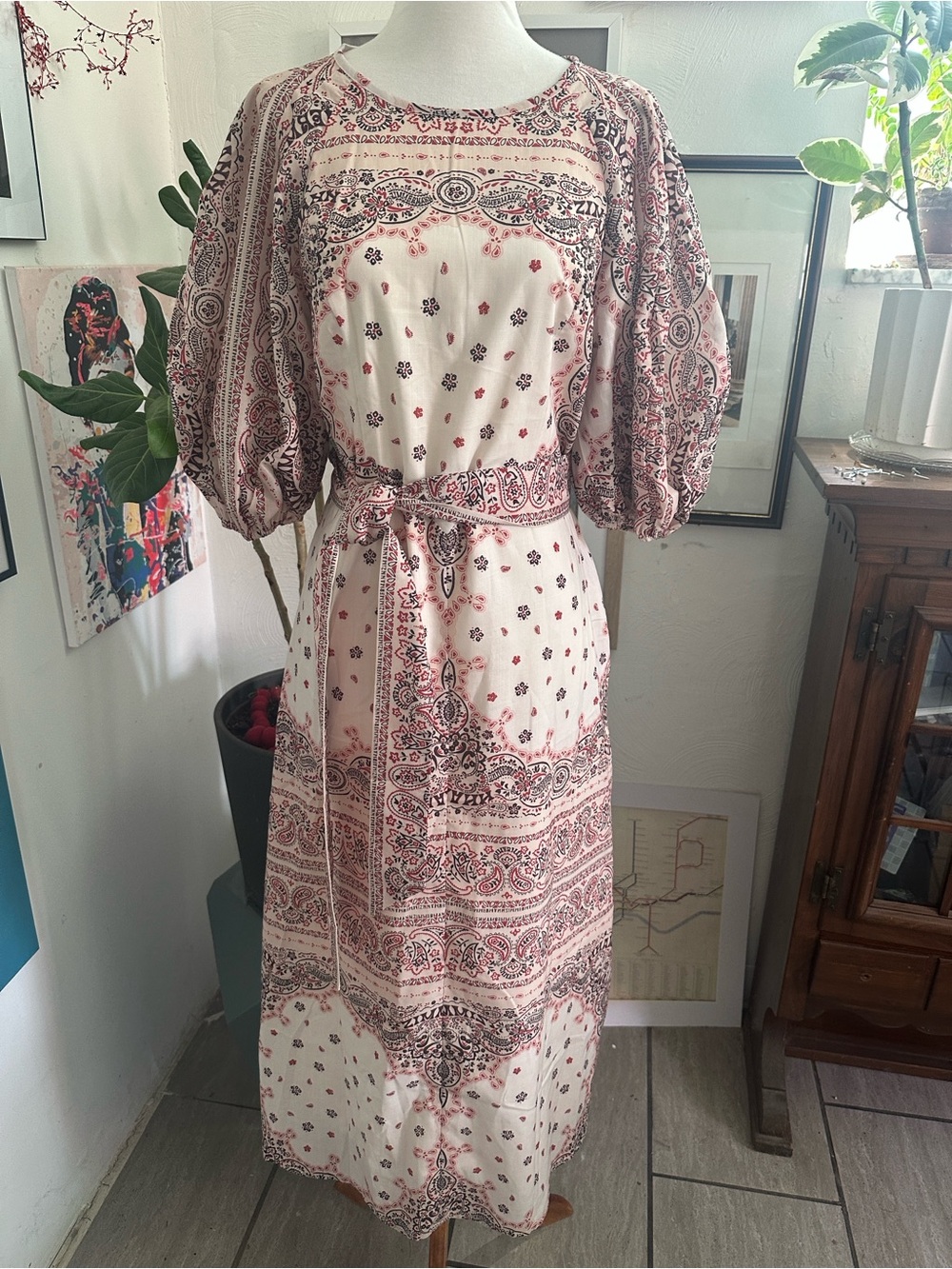Miss Rosier Boho Tie-Waist Maxi Dress in Blush Paisley Medium NWT
